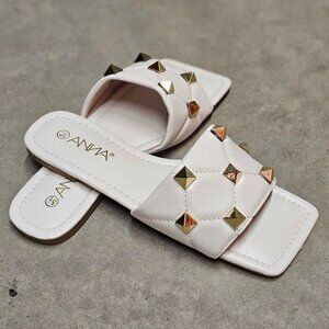 White Studded Slide Sandals With Quilted Strap Design Square Toe Womens